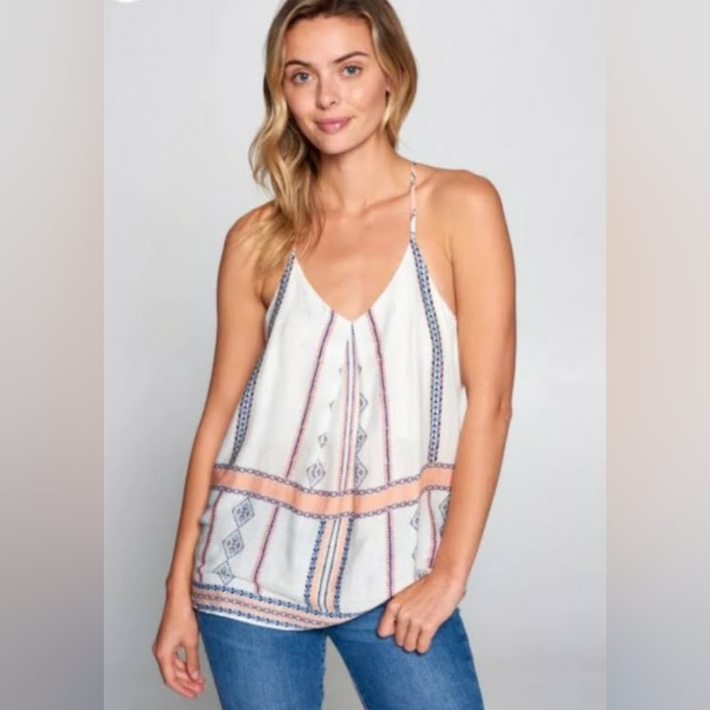 RENEE C BOHO BORDER PRINT V NECK RACERBACK TOP